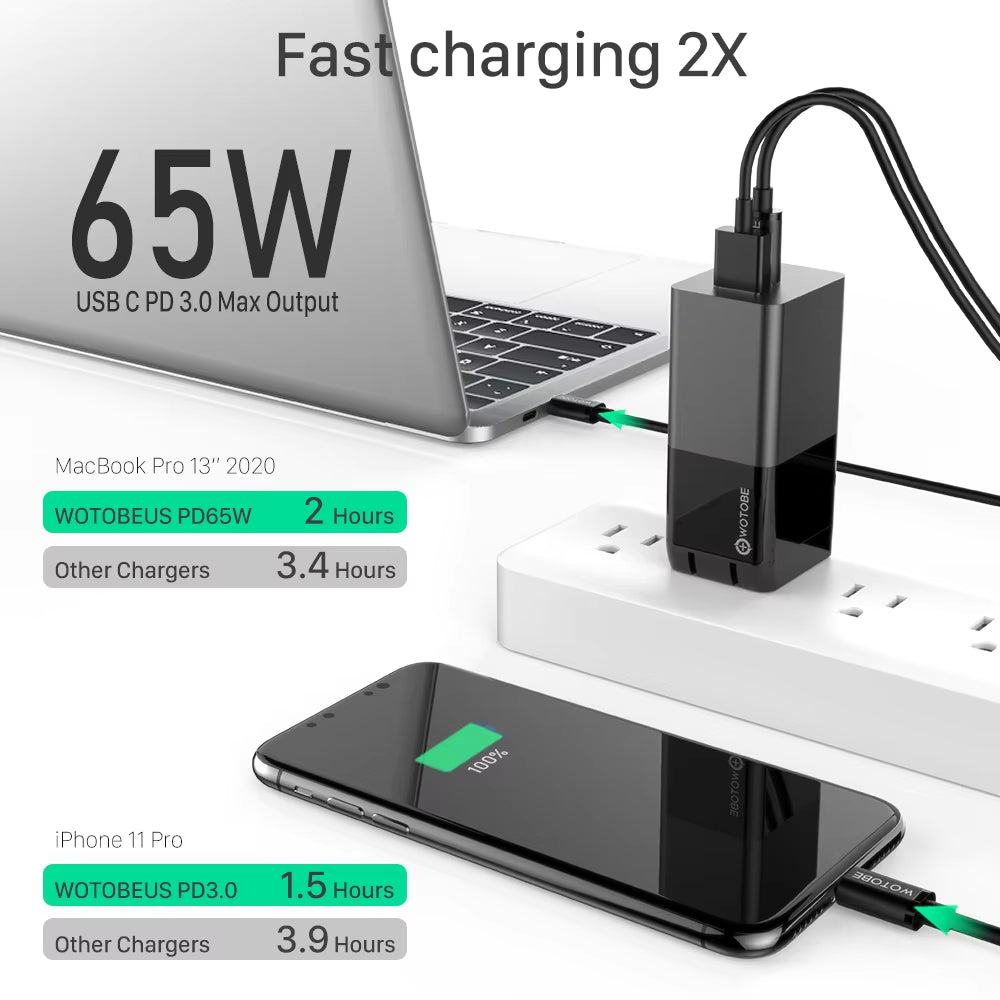 65W Gan USB C Wall Charger Power Adapter,3 Port PD 65W PPS QC4 45W SCP for Laptops Macbook Ipad Iphone 14 Pro Max Samsung
